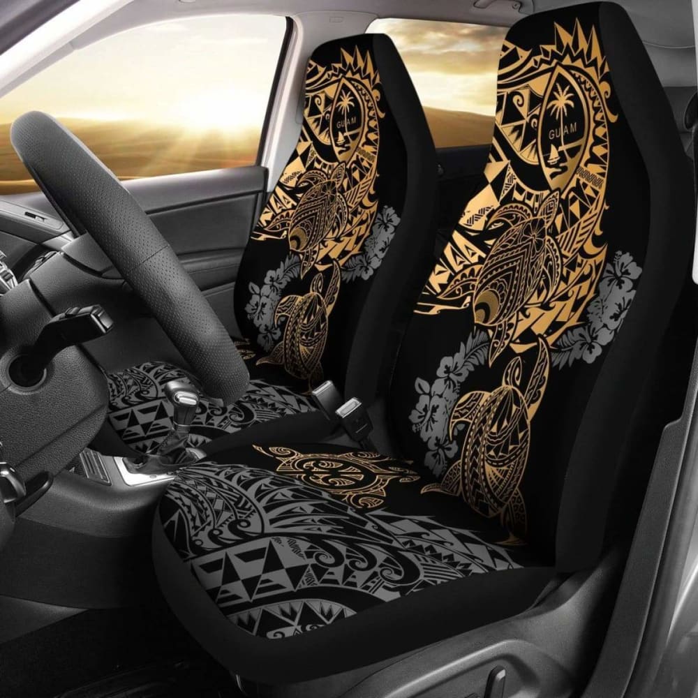Guam Car Seat Covers - Guam Coat Of Arms Gold Turtle & Gray Hibiscus - Amazing 091114 - YourCarButBetter