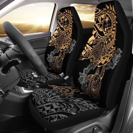 Guam Car Seat Covers - Guam Coat Of Arms Gold Turtle & Gray Hibiscus - Amazing 091114 - YourCarButBetter