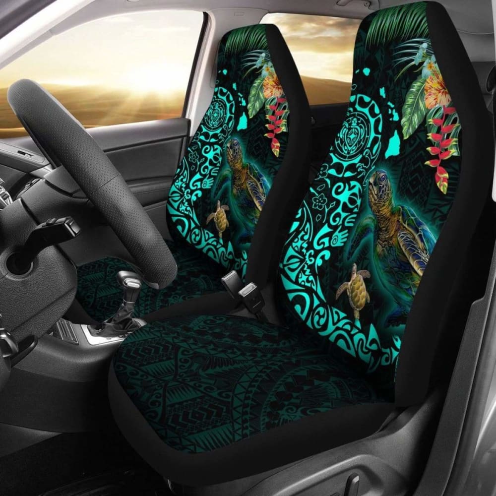 Hawaii Tiki Polynesian Car Seat Cover - Turtle Mix Hibiscus Turquoise Awesome 091114 - YourCarButBetter