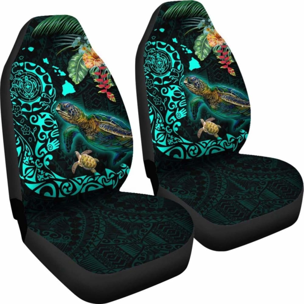 Hawaii Tiki Polynesian Car Seat Cover - Turtle Mix Hibiscus Turquoise Awesome 091114 - YourCarButBetter