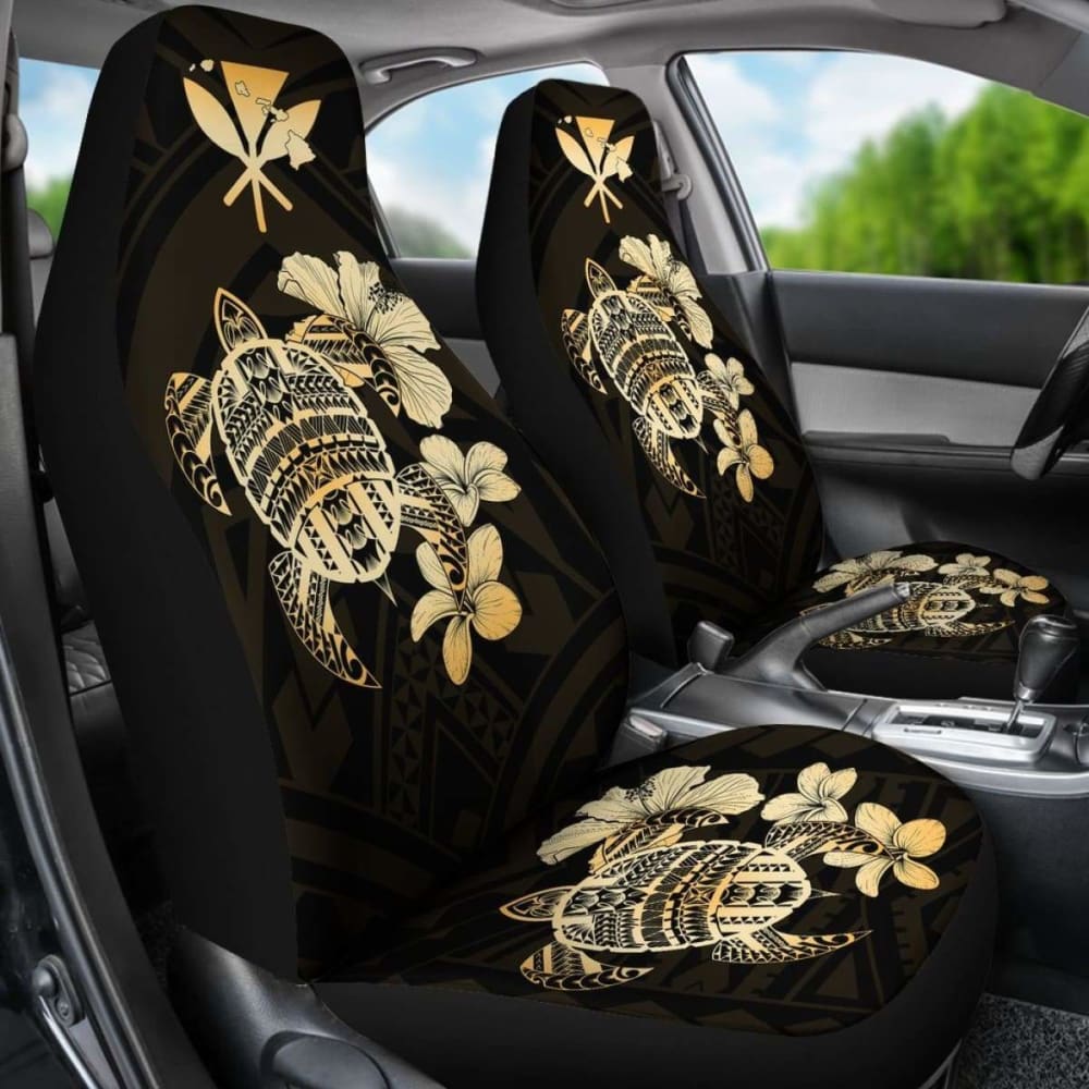 Hawaiian Kanaka Hibiscus Plumeria Mix Polynesian Turtle Car Seat Covers Gold New Awesome 091114 - YourCarButBetter