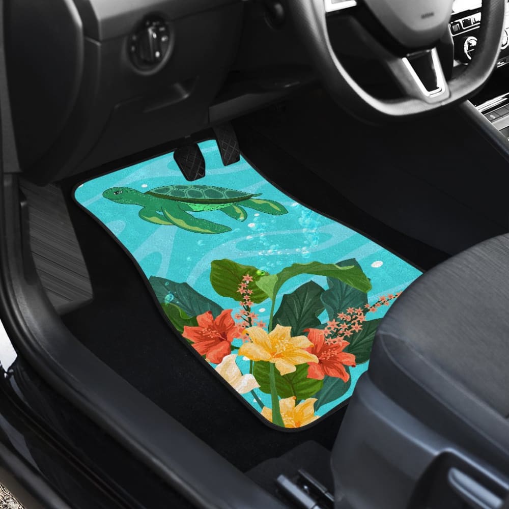 Hawaiian Wave Hibiscus Watercolor Turtle Printed Car Floor Mats 211504 - YourCarButBetter