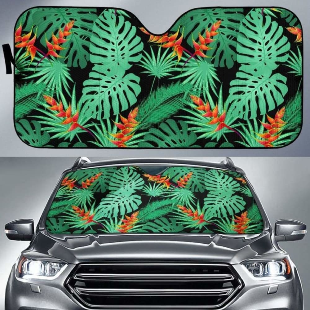 Heliconia Flower Palm Monstera Leaves Black Background Car Auto Sun Shades 182102 - YourCarButBetter