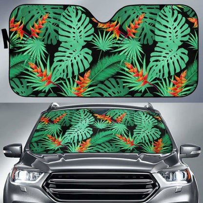 Heliconia Flower Palm Monstera Leaves Black Background Car Auto Sun Shades 182102 - YourCarButBetter