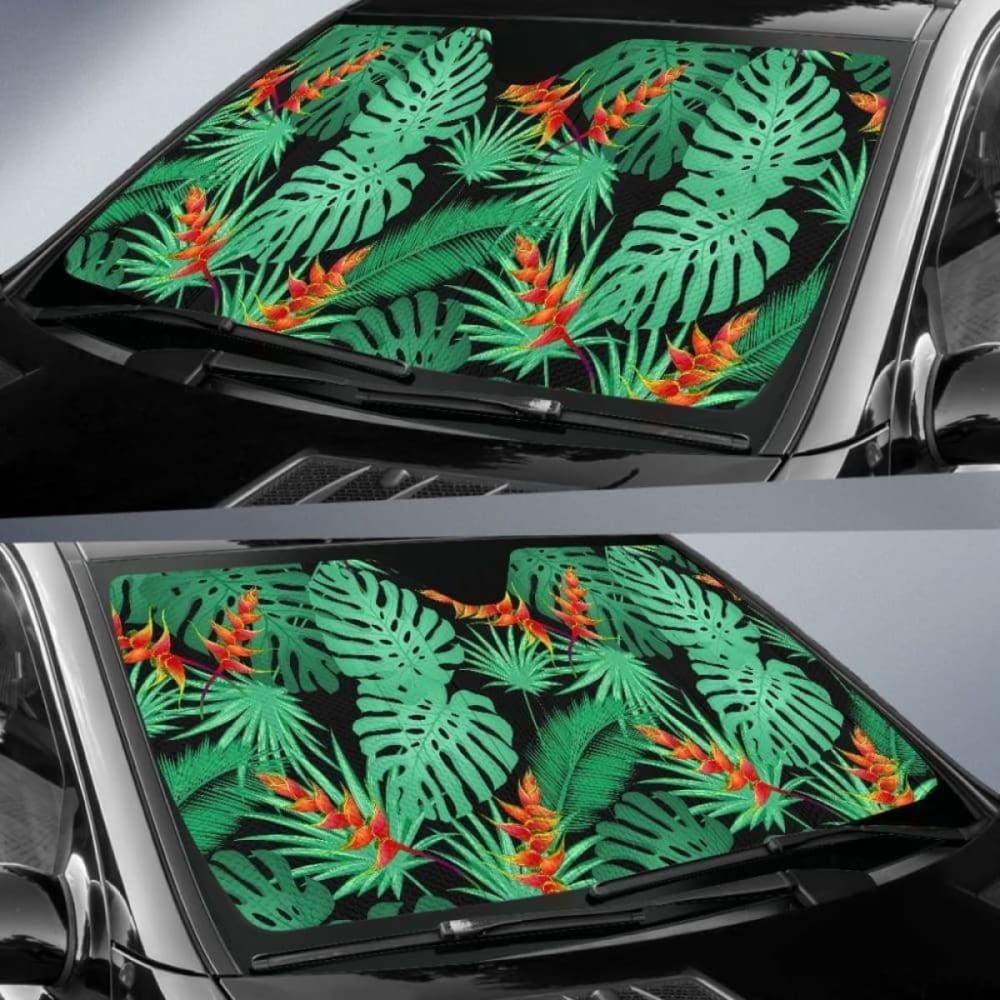 Heliconia Flower Palm Monstera Leaves Black Background Car Auto Sun Shades 182102 - YourCarButBetter