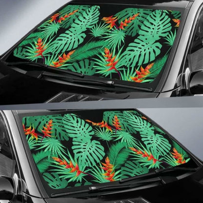Heliconia Flower Palm Monstera Leaves Black Background Car Auto Sun Shades 182102 - YourCarButBetter