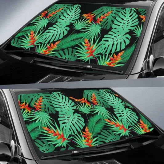 Heliconia Flower Palm Monstera Leaves Black Background Car Auto Sun Shades 182102 - YourCarButBetter