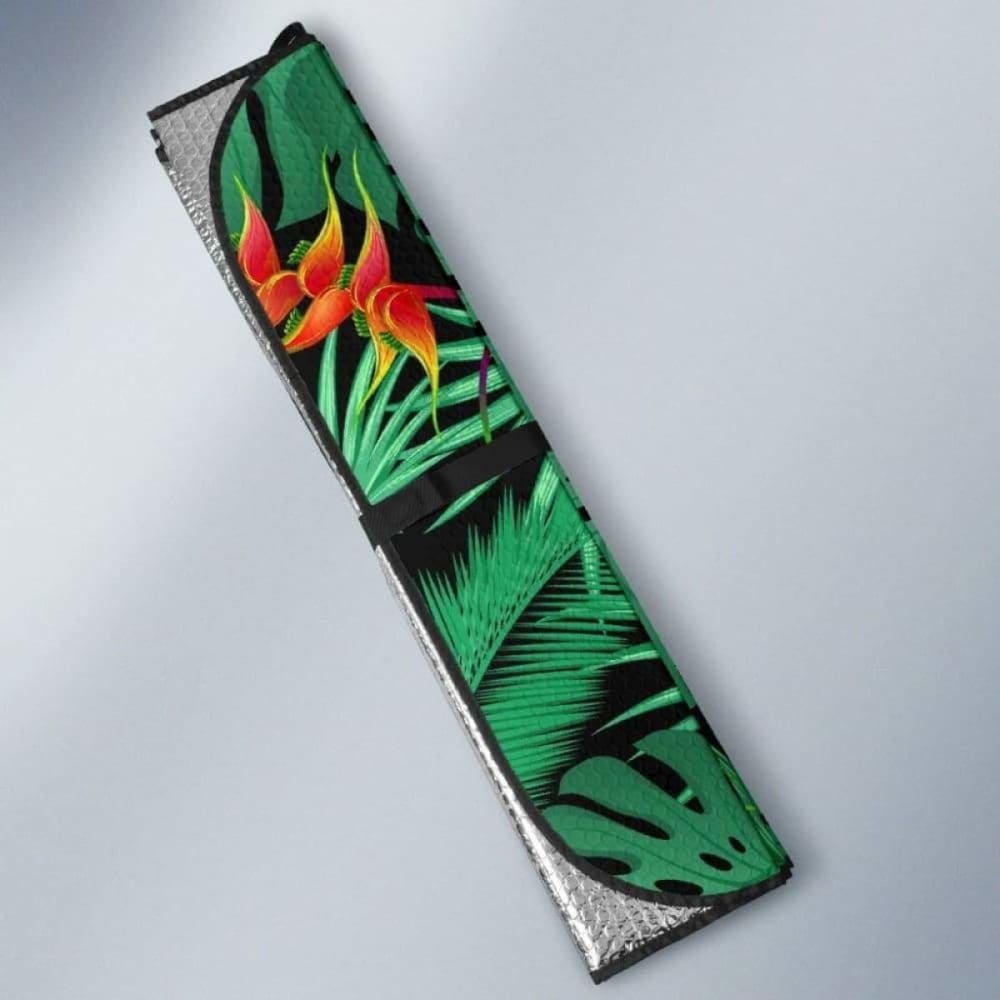 Heliconia Flower Palm Monstera Leaves Black Background Car Auto Sun Shades 182102 - YourCarButBetter