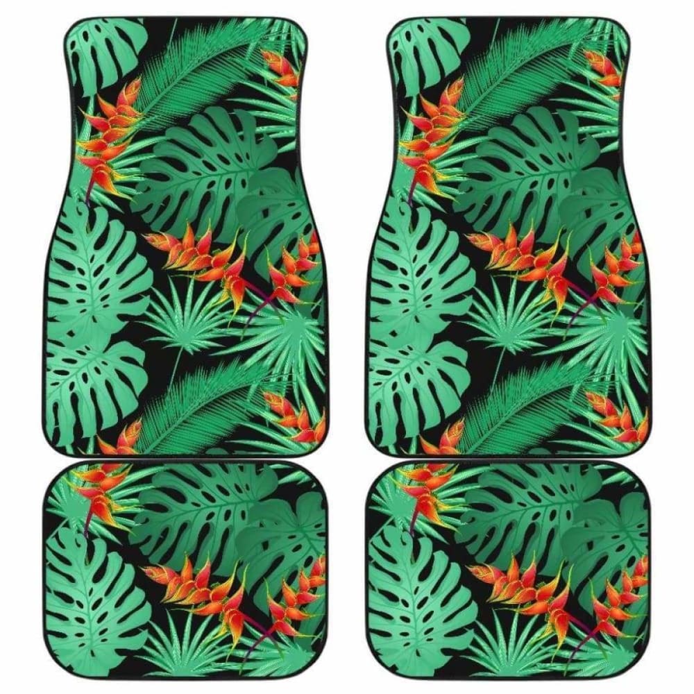 Heliconia Flower Palm Monstera Leaves Black Background Front And Back Car Mats 174914 - YourCarButBetter