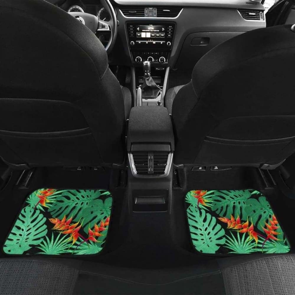 Heliconia Flower Palm Monstera Leaves Black Background Front And Back Car Mats 174914 - YourCarButBetter