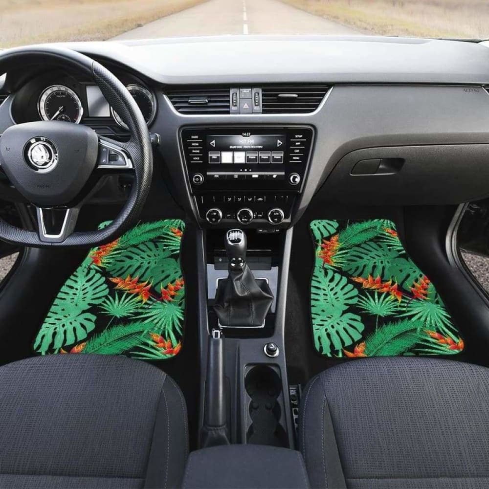 Heliconia Flower Palm Monstera Leaves Black Background Front And Back Car Mats 174914 - YourCarButBetter