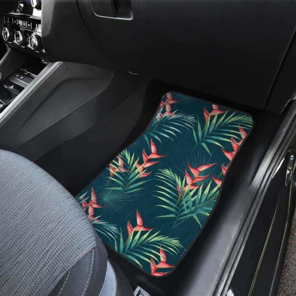 Heliconia Flowers Palm And Monstera Leaves On Black Background Pattern Front And Back Car Mats 174914 - YourCarButBetter