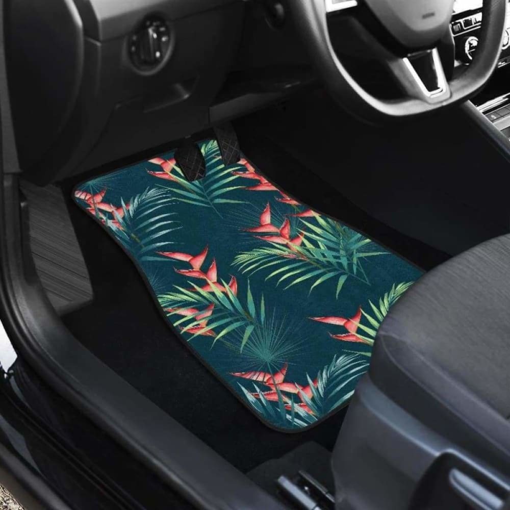 Heliconia Flowers Palm And Monstera Leaves On Black Background Pattern Front And Back Car Mats 174914 - YourCarButBetter