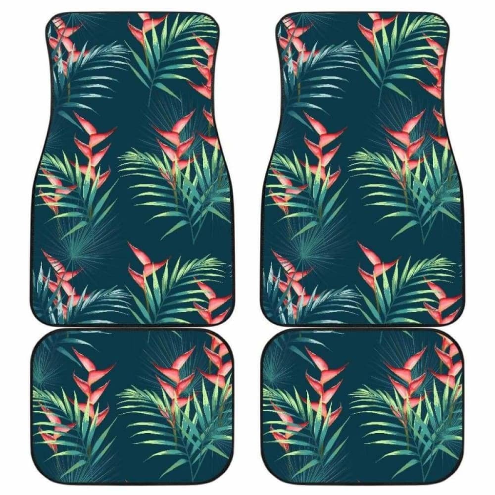 Heliconia Flowers Palm And Monstera Leaves On Black Background Pattern Front And Back Car Mats 174914 - YourCarButBetter