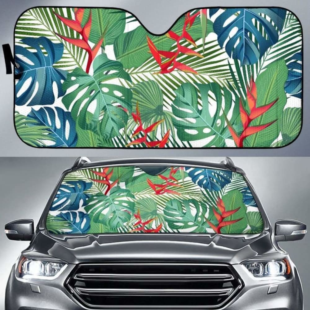 Heliconia Palm And Monstera Leaves Pattern Car Auto Sun Shades 182102 - YourCarButBetter