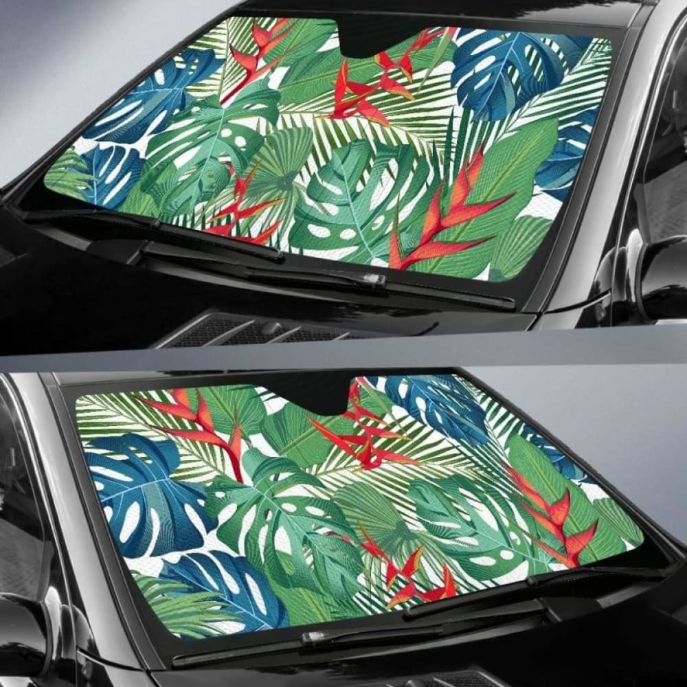 Heliconia Palm And Monstera Leaves Pattern Car Auto Sun Shades 182102 - YourCarButBetter