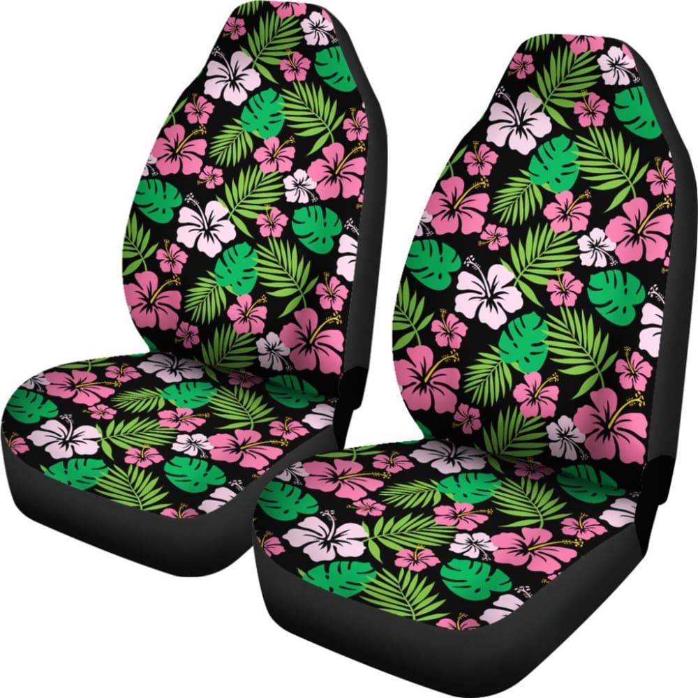 Hibiscus Flower Car Seat Covers Hawaiian Pattern In Pink Green And Black 101819 - YourCarButBetter