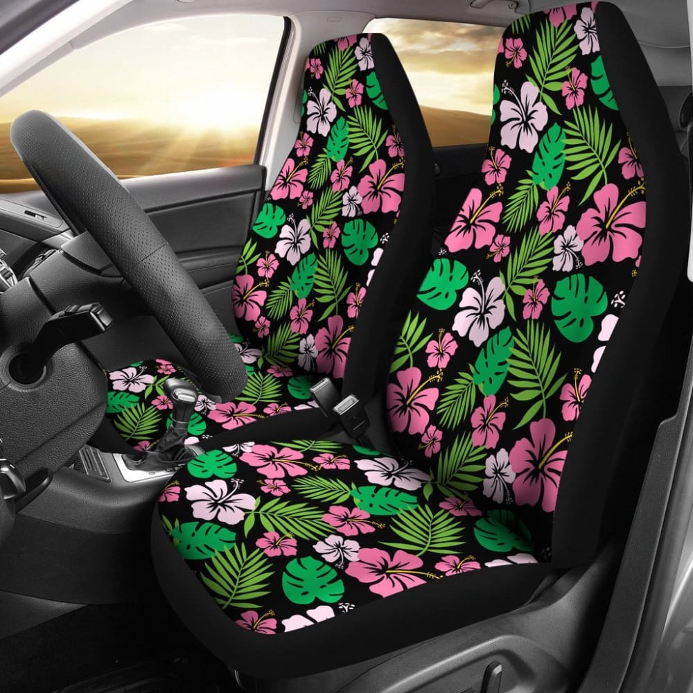 Hibiscus Flower Car Seat Covers Hawaiian Pattern In Pink Green And Black 101819 - YourCarButBetter