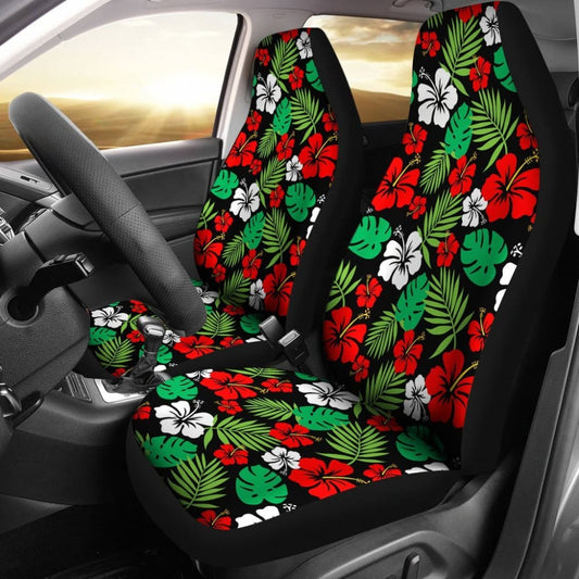 Hibiscus Flower Car Seat Covers In Red And Green Hawaiian Pattern Polynesian 101819 - YourCarButBetter