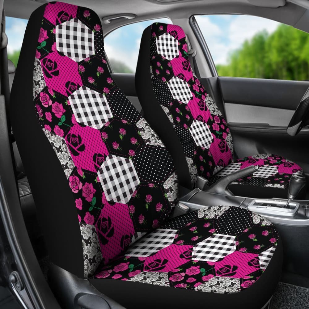 Hot Pink Shabby Chic Patchwork Quilt With Roses Style Car Seat Covers 174510 - YourCarButBetter