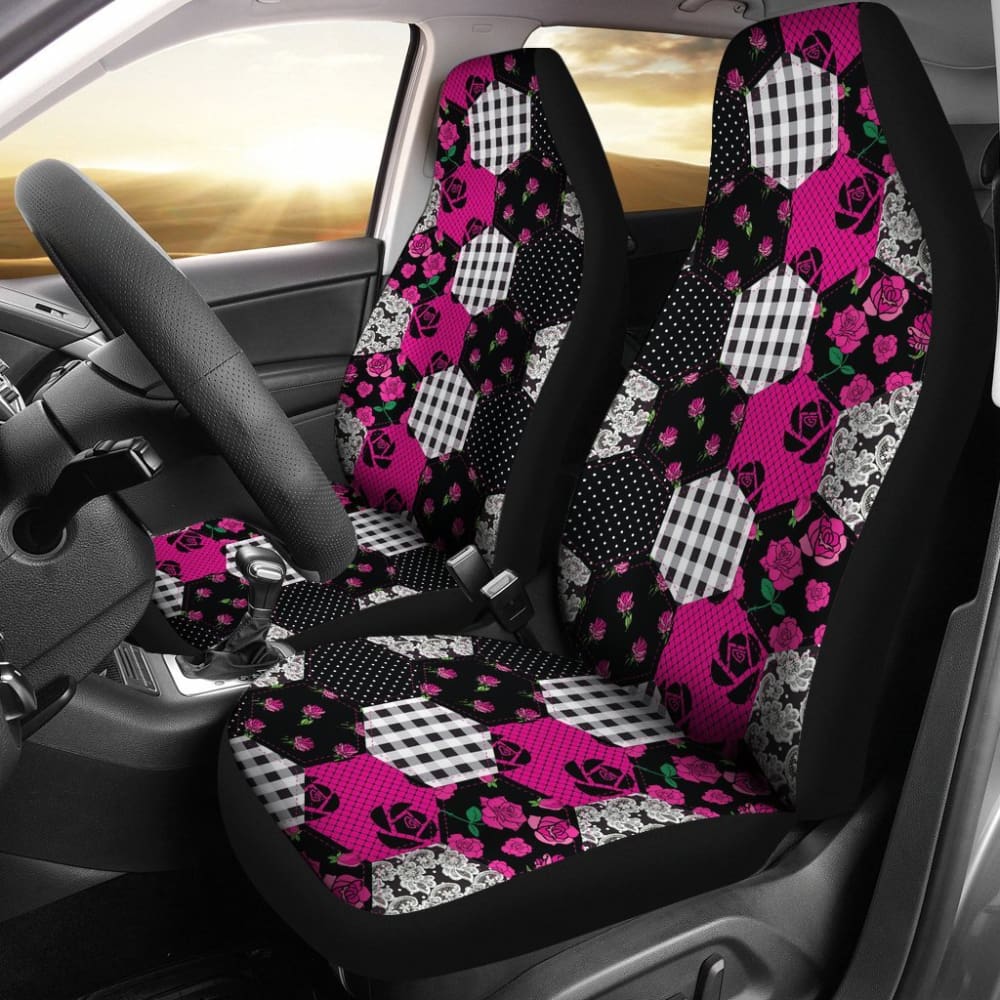Hot Pink Shabby Chic Patchwork Quilt With Roses Style Car Seat Covers 174510 - YourCarButBetter