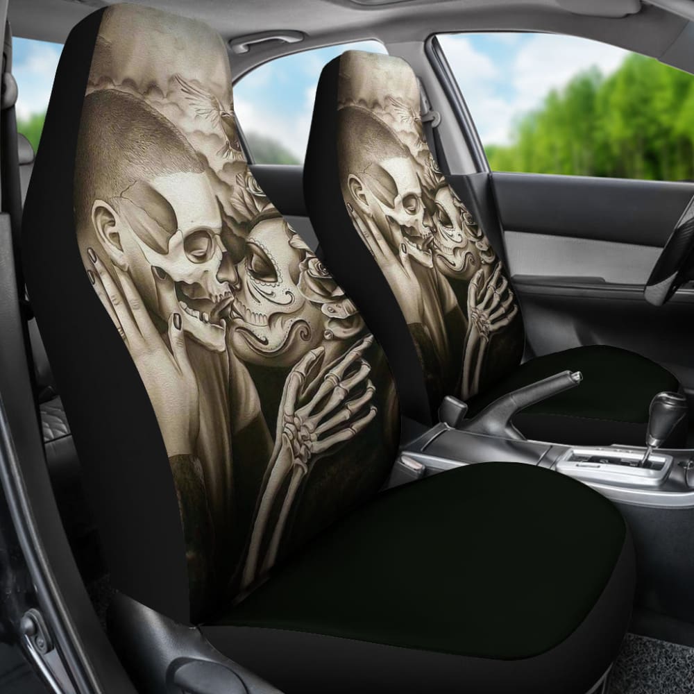 King And Queen Kissing Skulls Skeletons Death Car Seat Covers 212001 - YourCarButBetter