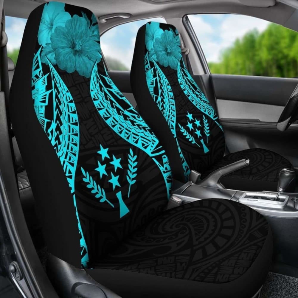 Kosrae Polynesian Car Seat Covers Pride Seal And Hibiscus Neon Blue - 232125 - YourCarButBetter