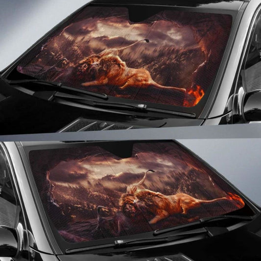 Lions Cave Hunger Fight 4K Car Sun Shade 172609 - YourCarButBetter