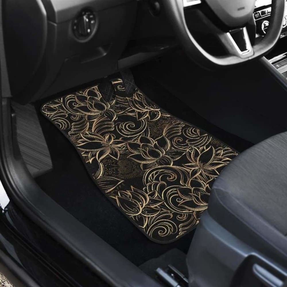 Luxurious Gold Lotus Waterlily Black Background Front And Back Car Mats 174914 - YourCarButBetter