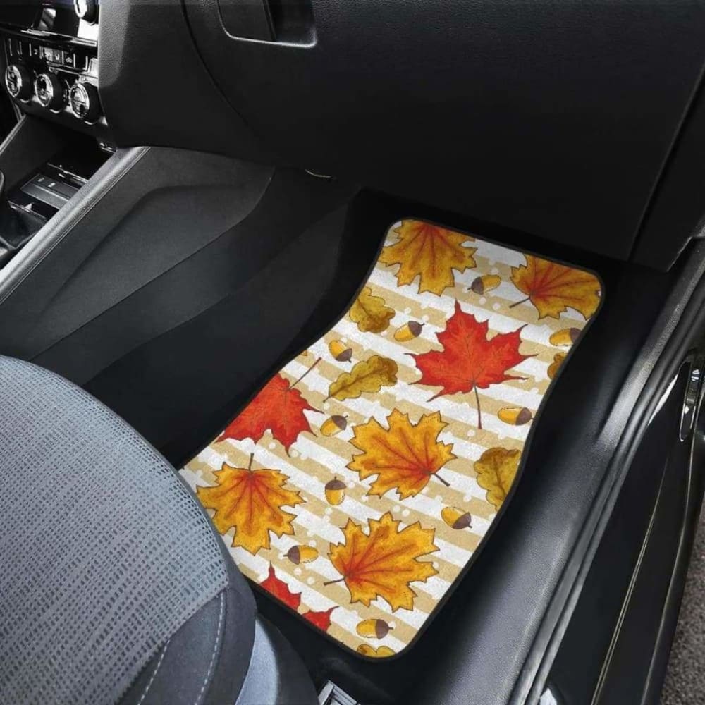 Maple Leaf Oak Leaf Acorns Beige Striped Background Front And Back Car Mats 174914 - YourCarButBetter