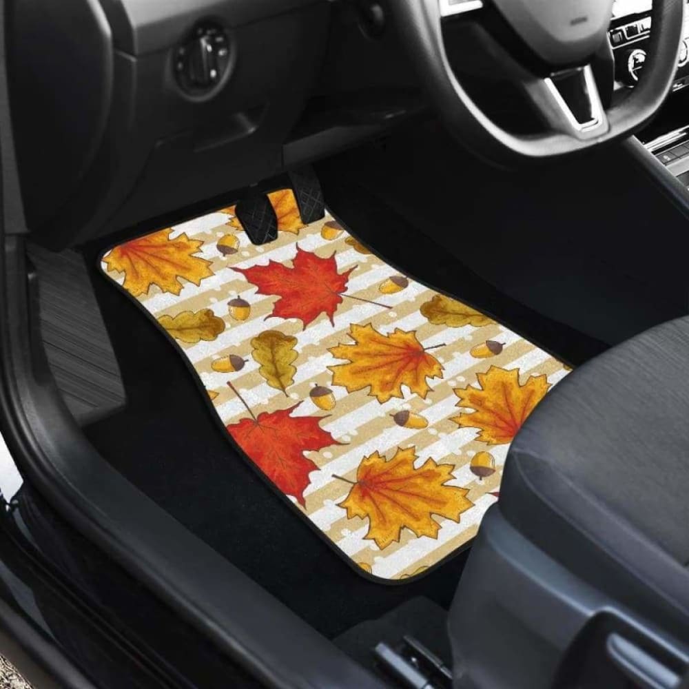 Maple Leaf Oak Leaf Acorns Beige Striped Background Front And Back Car Mats 174914 - YourCarButBetter