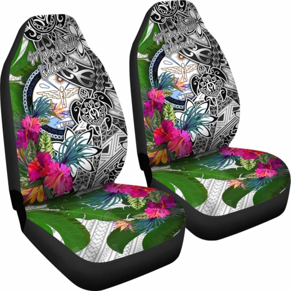 Marshall Islands Car Seat Covers White - Turtle Plumeria Banana Leaf Crest - 091114 - YourCarButBetter