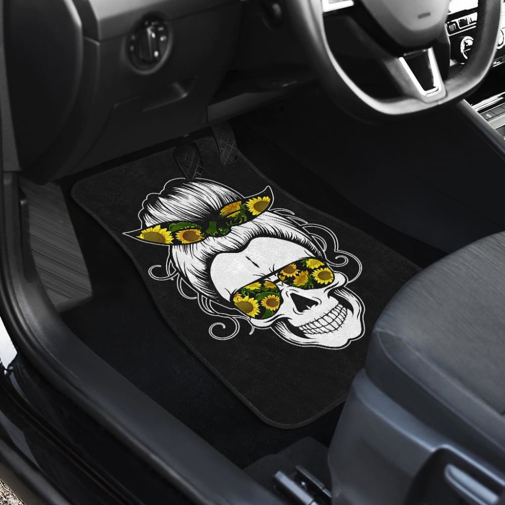 Messy Bun Skull for Women Sunflower Bandana Halloween Premium Car Floor Mats 212103 - YourCarButBetter
