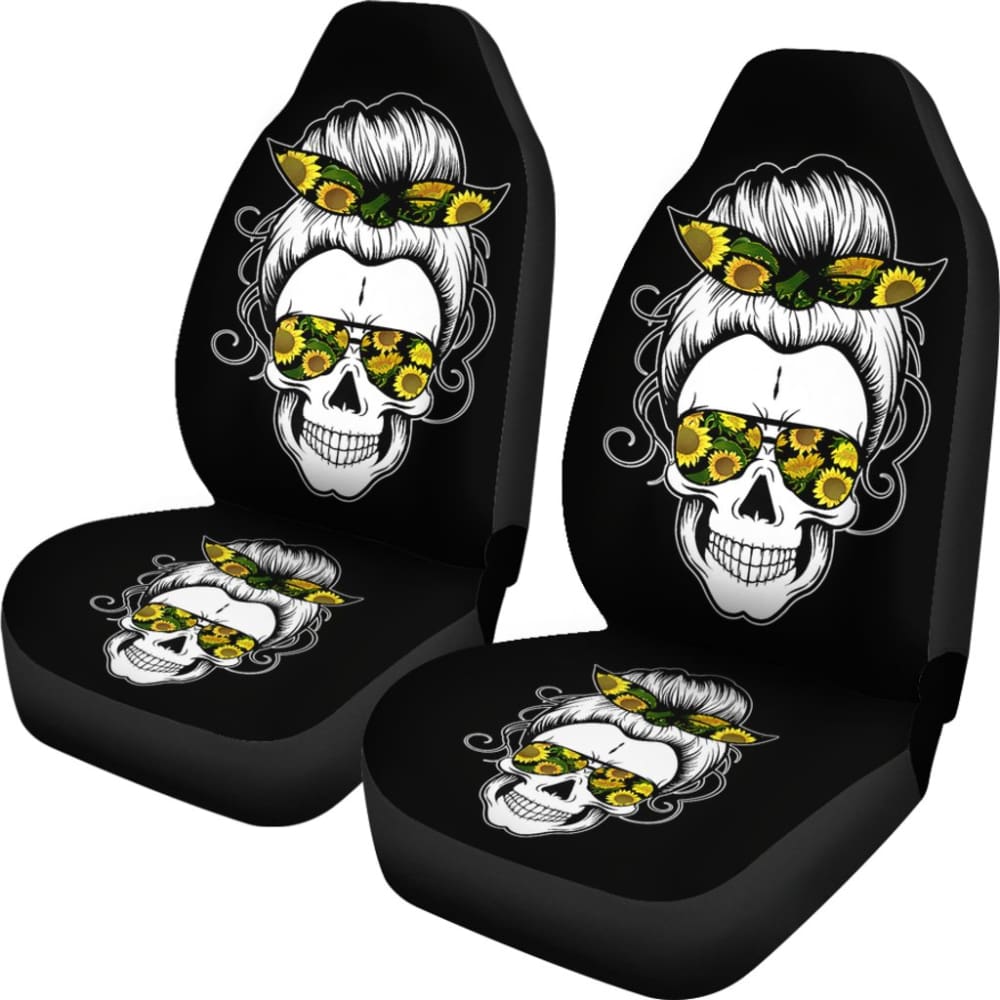Messy Bun Skull for Women Sunflower Bandana Halloween Premium Car Seat Covers 212103 - YourCarButBetter