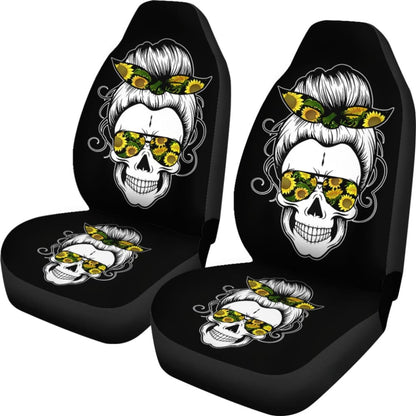 Messy Bun Skull for Women Sunflower Bandana Halloween Premium Car Seat Covers 212103 - YourCarButBetter