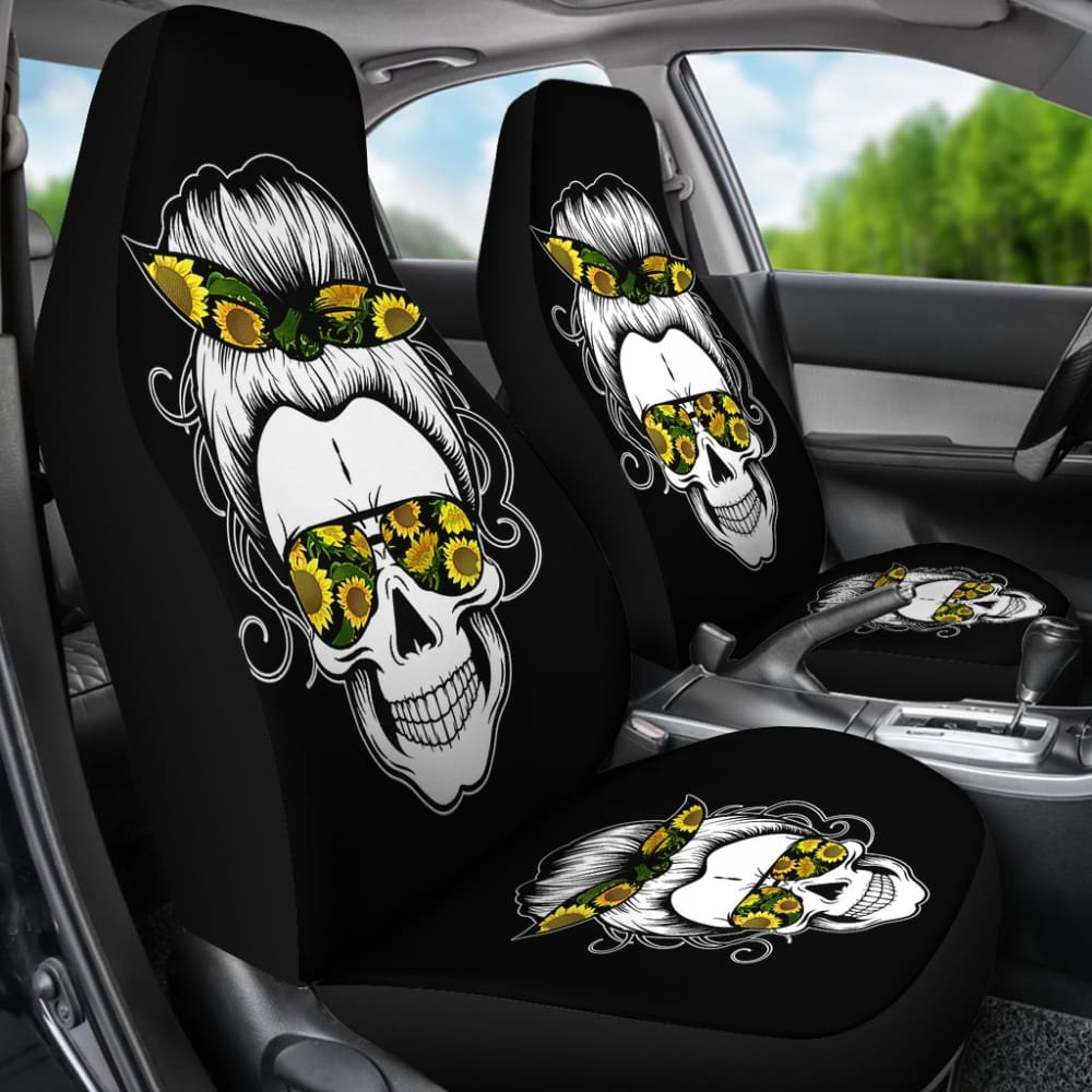 Messy Bun Skull for Women Sunflower Bandana Halloween Premium Car Seat Covers 212103 - YourCarButBetter