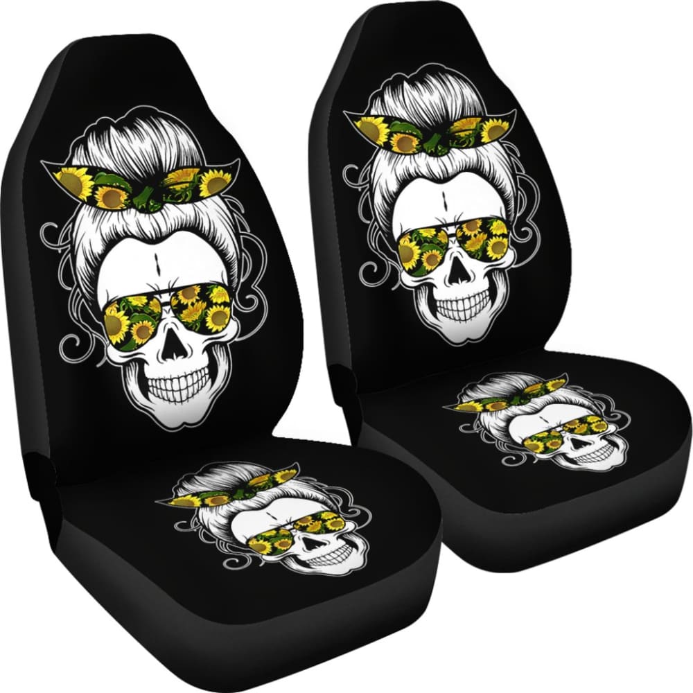 Messy Bun Skull for Women Sunflower Bandana Halloween Premium Car Seat Covers 212103 - YourCarButBetter