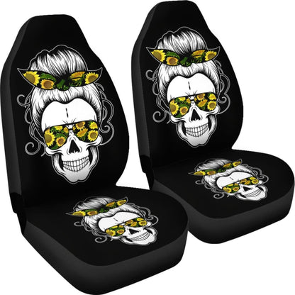 Messy Bun Skull for Women Sunflower Bandana Halloween Premium Car Seat Covers 212103 - YourCarButBetter
