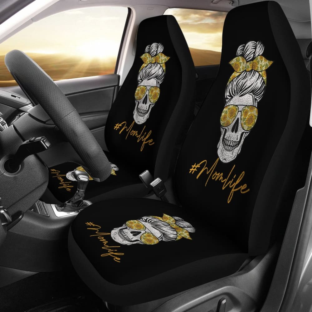 Mom Life Sugar Skull Sunflower Sunglasses Messy Bun Women Car Seat Covers 212103 - YourCarButBetter
