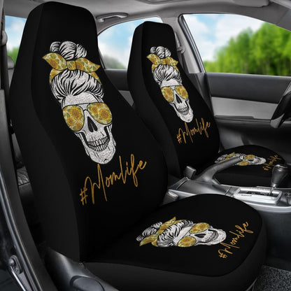 Mom Life Sugar Skull Sunflower Sunglasses Messy Bun Women Car Seat Covers 212103 - YourCarButBetter