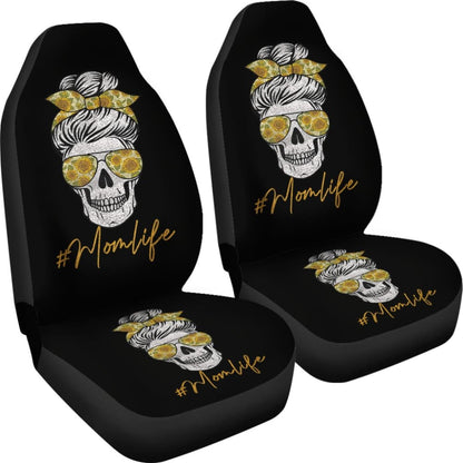 Mom Life Sugar Skull Sunflower Sunglasses Messy Bun Women Car Seat Covers 212103 - YourCarButBetter