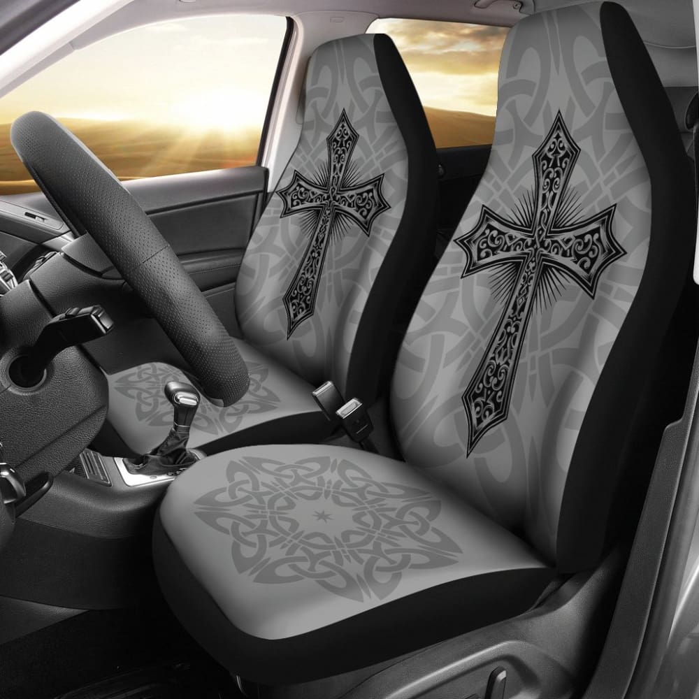 Mystic Celtic Cross With Knot Black Themed Car Seat Covers 210301 - YourCarButBetter
