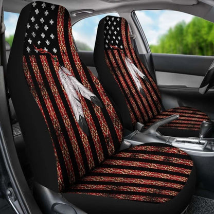 Native American Usa Flag And Feather Car Seat Covers (Set Of Two) 203011