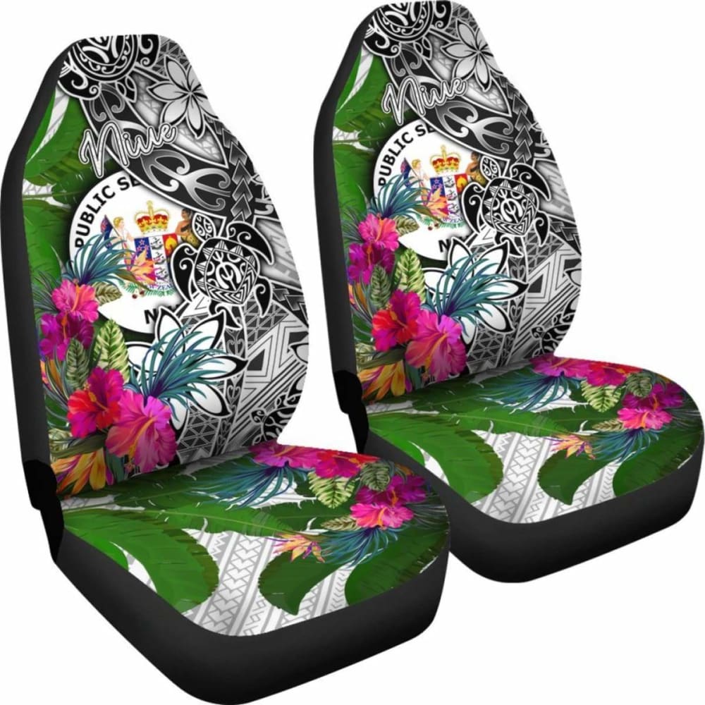 Niue Car Seat Covers White - Turtle Plumeria Banana Leaf - 091114 - YourCarButBetter
