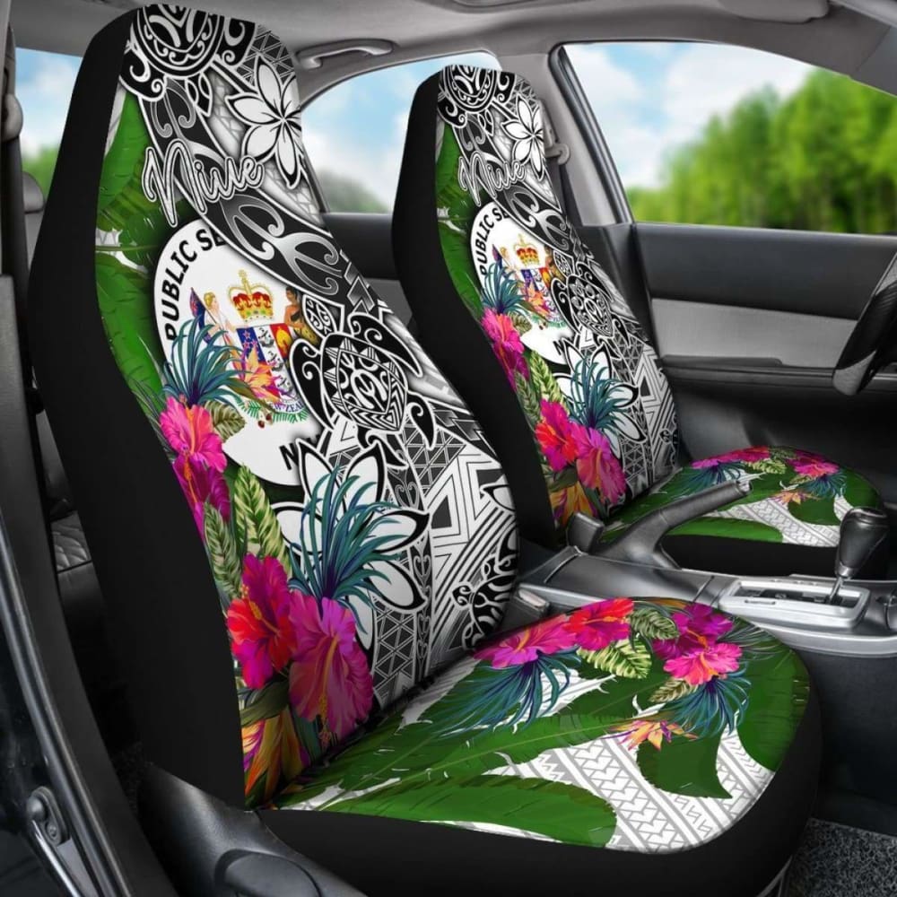 Niue Car Seat Covers White - Turtle Plumeria Banana Leaf - 091114 - YourCarButBetter