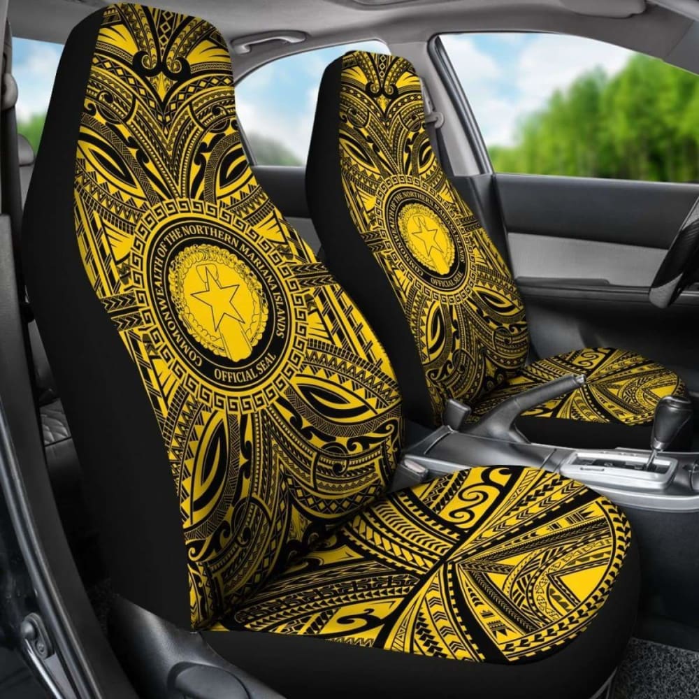 Northern Mariana Islands Car Seat Cover - Northern Mariana Islands Coat Of Arms Polynesian Gold Black 105905 - YourCarButBetter
