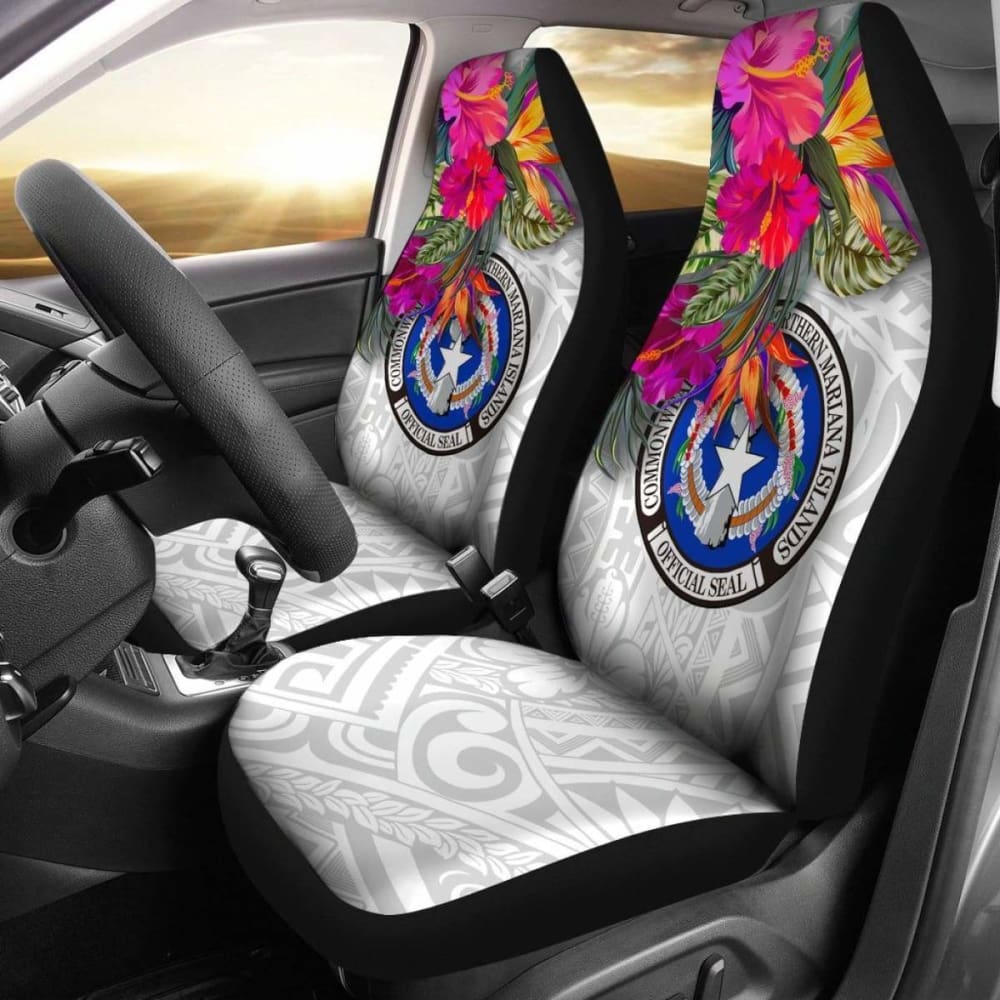 Northern Mariana Islands Car Seat Covers Polynesian Hibiscus White Pattern - 232125 - YourCarButBetter