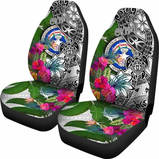 Northern Mariana Islands Car Seat Covers White - Turtle Plumeria Banana Leaf - 091114 - YourCarButBetter