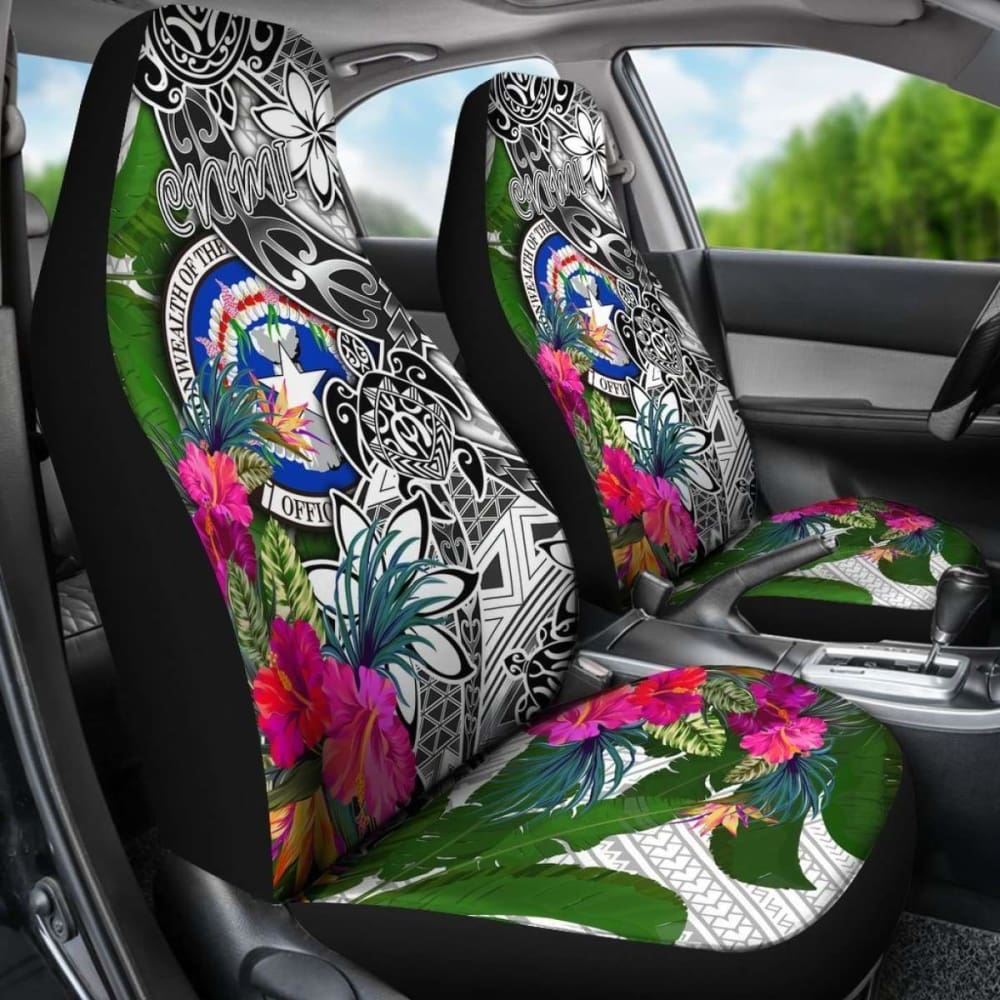 Northern Mariana Islands Car Seat Covers White - Turtle Plumeria Banana Leaf - 091114 - YourCarButBetter