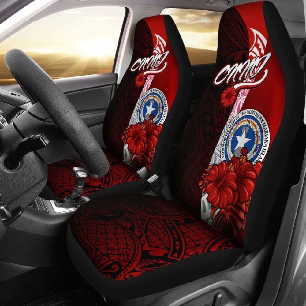 Northern Mariana Islands Polynesian Car Seat Covers - Coat Of Arm With Hibiscus - 232125 - YourCarButBetter